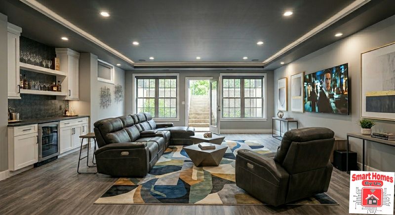 Basement lounge with a kitchenette, wine fridge and wall-mounted TV