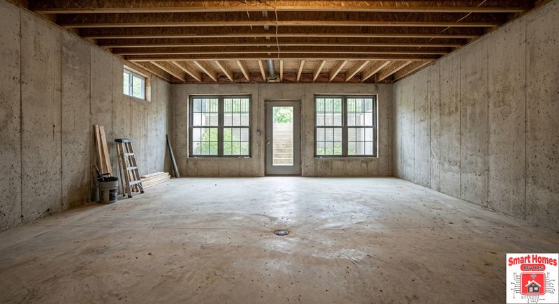 Before: an unfinished basement with bare concrete walls and open ceiling joists