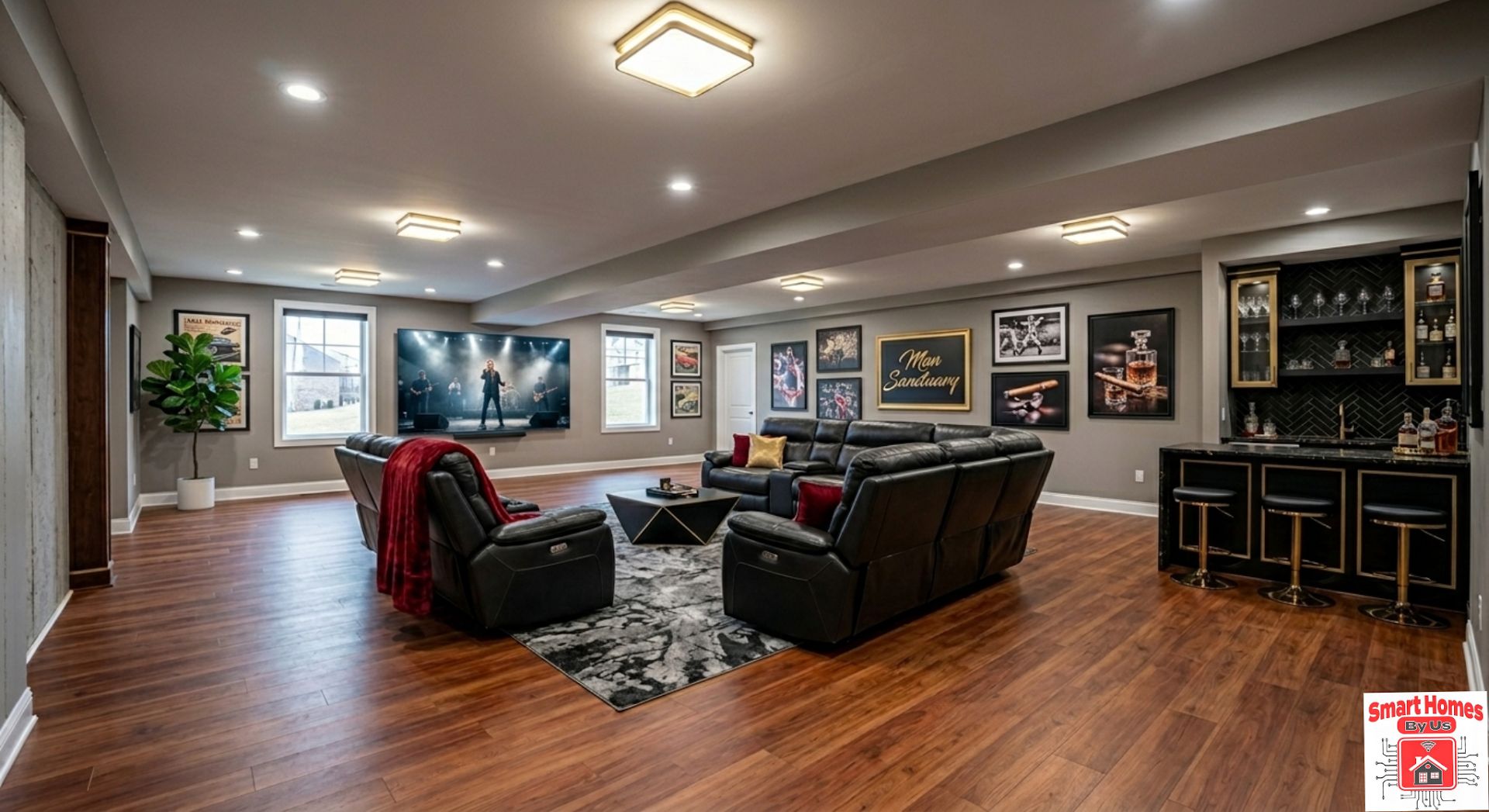 Finished basement rec room with a leather sectional, a large wall TV and a black and gold bar, remodeled by Smart Homes By Us